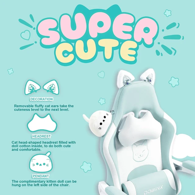 Alt view image 4 of 7 - Gaming Chair with Cat Ears and Massage Lumbar Support, Ergonomic Computer Chair with Footrest and Headrest, Comfortable Reclining Game Chair 290lbs for Adults, Blue
