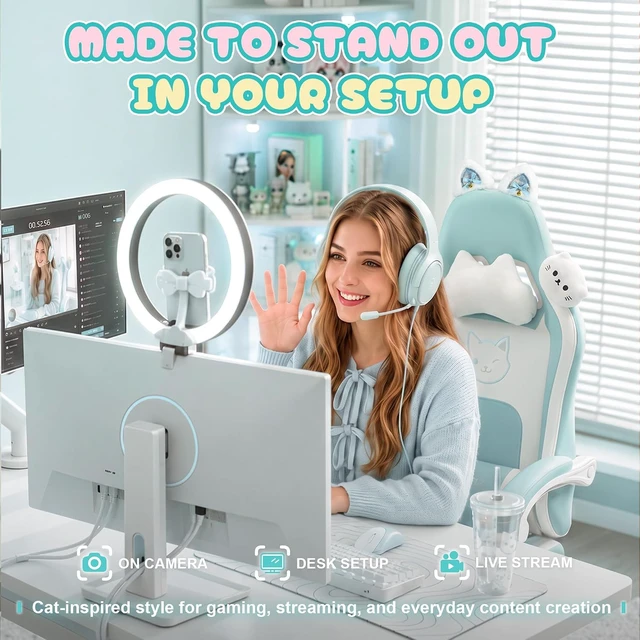 Alt view image 6 of 7 - Gaming Chair with Cat Ears and Massage Lumbar Support, Ergonomic Computer Chair with Footrest and Headrest, Comfortable Reclining Game Chair 290lbs for Adults, Blue