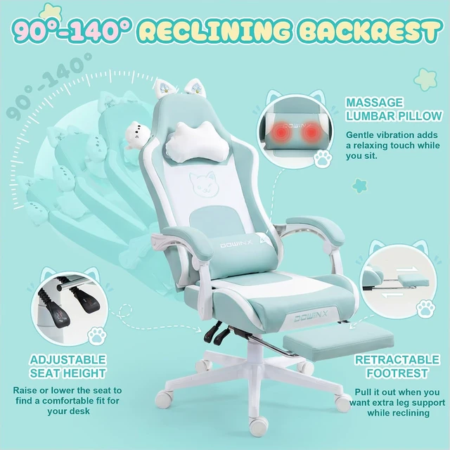 Alt view image 7 of 7 - Gaming Chair with Cat Ears and Massage Lumbar Support, Ergonomic Computer Chair with Footrest and Headrest, Comfortable Reclining Game Chair 290lbs for Adults, Blue