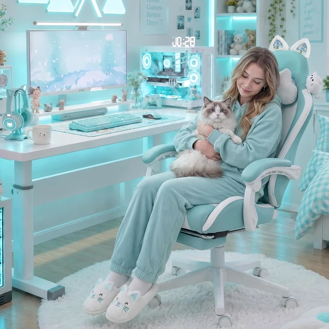 Alt view image 3 of 7 - Gaming Chair with Cat Ears and Massage Lumbar Support, Ergonomic Computer Chair with Footrest and Headrest, Comfortable Reclining Game Chair 290lbs for Adults, Blue