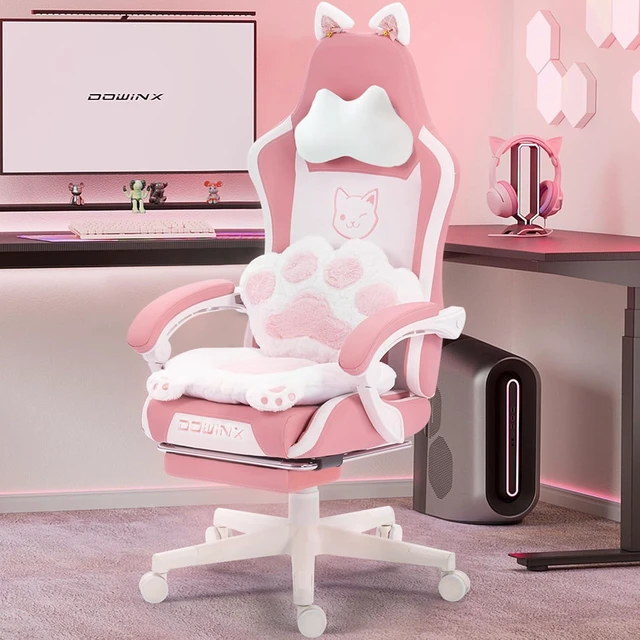 Main image of Gaming Chair with Cat Ears and Massage Lumbar Support, Ergonomic Computer Chair with Footrest and Headrest, Comfortable Reclining Game Chair 290lbs for Adults, Pink