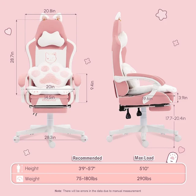 Alt view image 2 of 7 - Gaming Chair with Cat Ears and Massage Lumbar Support, Ergonomic Computer Chair with Footrest and Headrest, Comfortable Reclining Game Chair 290lbs for Adults, Pink