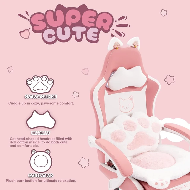 Alt view image 3 of 7 - Gaming Chair with Cat Ears and Massage Lumbar Support, Ergonomic Computer Chair with Footrest and Headrest, Comfortable Reclining Game Chair 290lbs for Adults, Pink