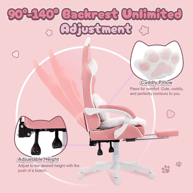 Alt view image 5 of 7 - Gaming Chair with Cat Ears and Massage Lumbar Support, Ergonomic Computer Chair with Footrest and Headrest, Comfortable Reclining Game Chair 290lbs for Adults, Pink