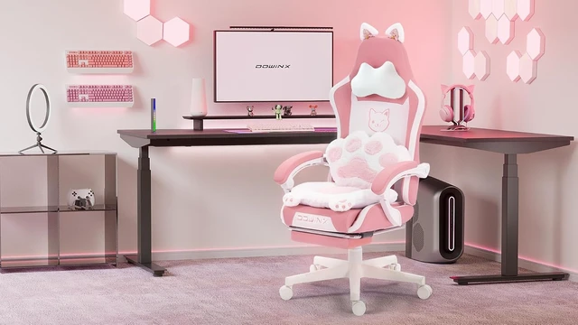 Alt view image 7 of 7 - Gaming Chair with Cat Ears and Massage Lumbar Support, Ergonomic Computer Chair with Footrest and Headrest, Comfortable Reclining Game Chair 290lbs for Adults, Pink