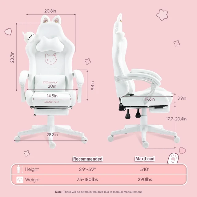 Alt view image 2 of 7 - Gaming Chair with Cat Ears and Massage Lumbar Support, Ergonomic Computer Chair with Footrest and Headrest, Comfortable Reclining Game Chair 290lbs for Adults, White