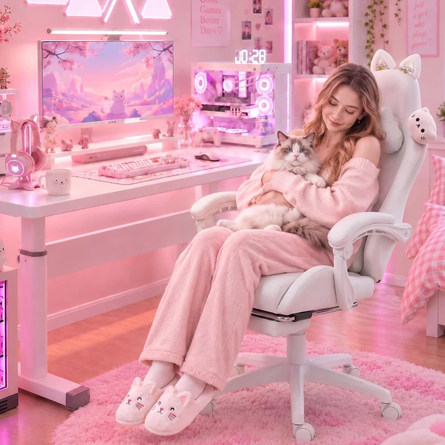 Alt view image 3 of 7 - Gaming Chair with Cat Ears and Massage Lumbar Support, Ergonomic Computer Chair with Footrest and Headrest, Comfortable Reclining Game Chair 290lbs for Adults, White