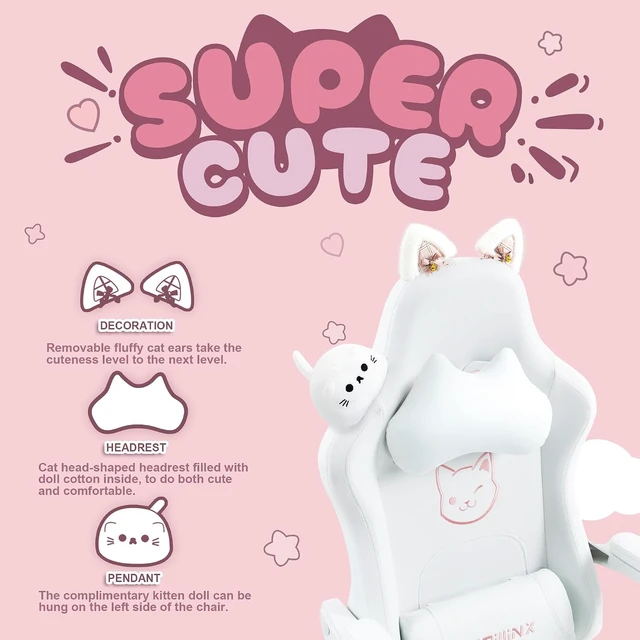Alt view image 4 of 7 - Gaming Chair with Cat Ears and Massage Lumbar Support, Ergonomic Computer Chair with Footrest and Headrest, Comfortable Reclining Game Chair 290lbs for Adults, White