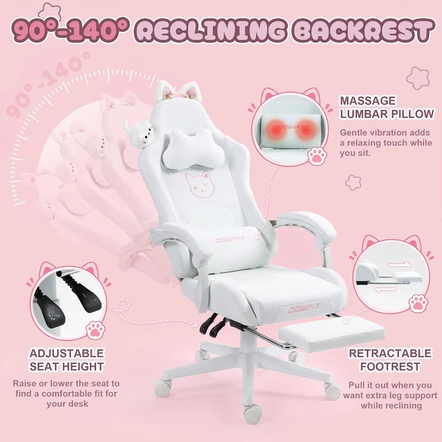 Alt view image 7 of 7 - Gaming Chair with Cat Ears and Massage Lumbar Support, Ergonomic Computer Chair with Footrest and Headrest, Comfortable Reclining Game Chair 290lbs for Adults, White