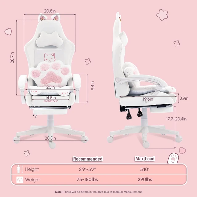 Alt view image 2 of 7 - Gaming Chair with Cat Ears and Massage Lumbar Support, Ergonomic Computer Chair with Footrest and Headrest, Comfortable Reclining Game Chair 290lbs for Adults, White