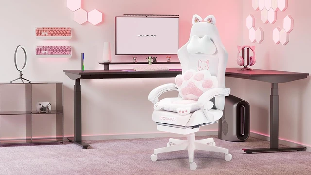 Alt view image 7 of 7 - Gaming Chair with Cat Ears and Massage Lumbar Support, Ergonomic Computer Chair with Footrest and Headrest, Comfortable Reclining Game Chair 290lbs for Adults, White