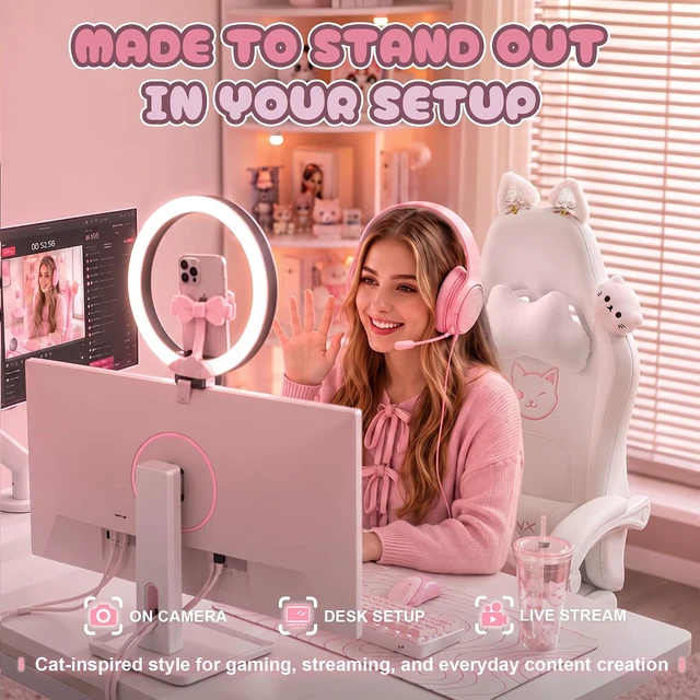 Alt view image 6 of 7 - Gaming Chair with Cat Ears and Massage Lumbar Support, Ergonomic Computer Chair with Footrest and Headrest, Comfortable Reclining Game Chair 290lbs for Adults, White