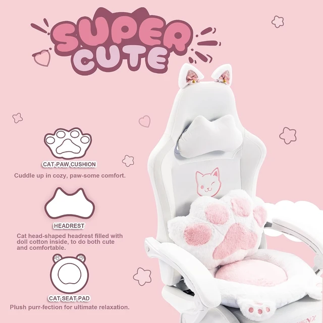 Alt view image 3 of 7 - Gaming Chair with Cat Ears and Massage Lumbar Support, Ergonomic Computer Chair with Footrest and Headrest, Comfortable Reclining Game Chair 290lbs for Adults, White