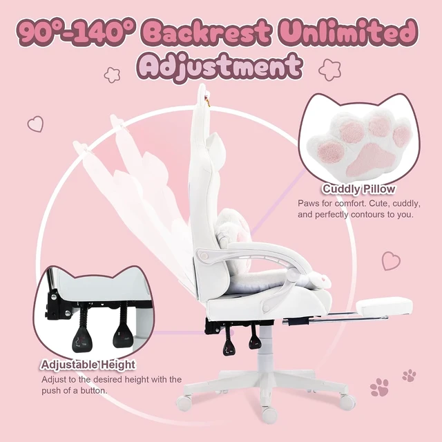 Alt view image 5 of 7 - Gaming Chair with Cat Ears and Massage Lumbar Support, Ergonomic Computer Chair with Footrest and Headrest, Comfortable Reclining Game Chair 290lbs for Adults, White