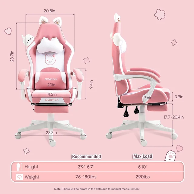 Alt view image 2 of 7 - Pink Gaming Chair with Cat Ears and Massage Lumbar Support, Ergonomic Computer Chair with Footrest and Headrest, Comfortable Reclining Game Chair 290lbs for Adults, Pink