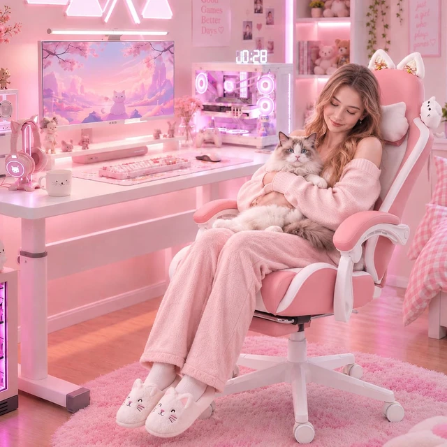 Alt view image 3 of 7 - Pink Gaming Chair with Cat Ears and Massage Lumbar Support, Ergonomic Computer Chair with Footrest and Headrest, Comfortable Reclining Game Chair 290lbs for Adults, Pink