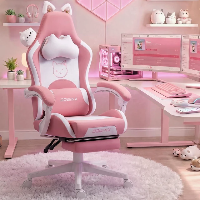 Main image of Pink Gaming Chair with Cat Ears and Massage Lumbar Support, Ergonomic Computer Chair with Footrest and Headrest, Comfortable Reclining Game Chair 290lbs for Adults, Pink