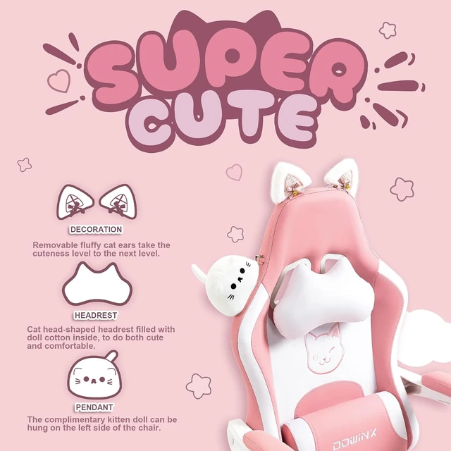 Alt view image 4 of 7 - Pink Gaming Chair with Cat Ears and Massage Lumbar Support, Ergonomic Computer Chair with Footrest and Headrest, Comfortable Reclining Game Chair 290lbs for Adults, Pink