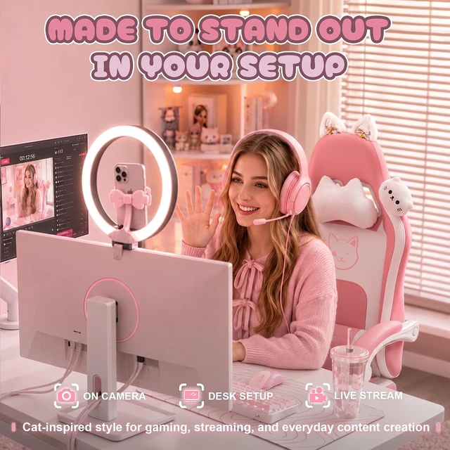 Alt view image 6 of 7 - Pink Gaming Chair with Cat Ears and Massage Lumbar Support, Ergonomic Computer Chair with Footrest and Headrest, Comfortable Reclining Game Chair 290lbs for Adults, Pink