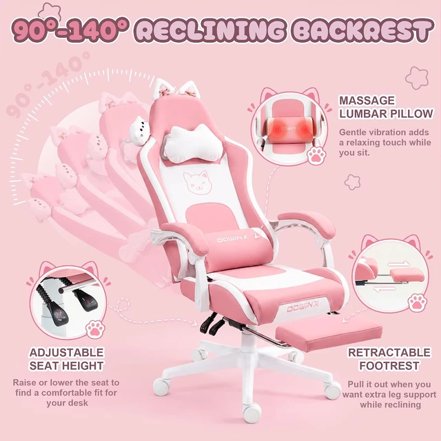 Alt view image 7 of 7 - Pink Gaming Chair with Cat Ears and Massage Lumbar Support, Ergonomic Computer Chair with Footrest and Headrest, Comfortable Reclining Game Chair 290lbs for Adults, Pink