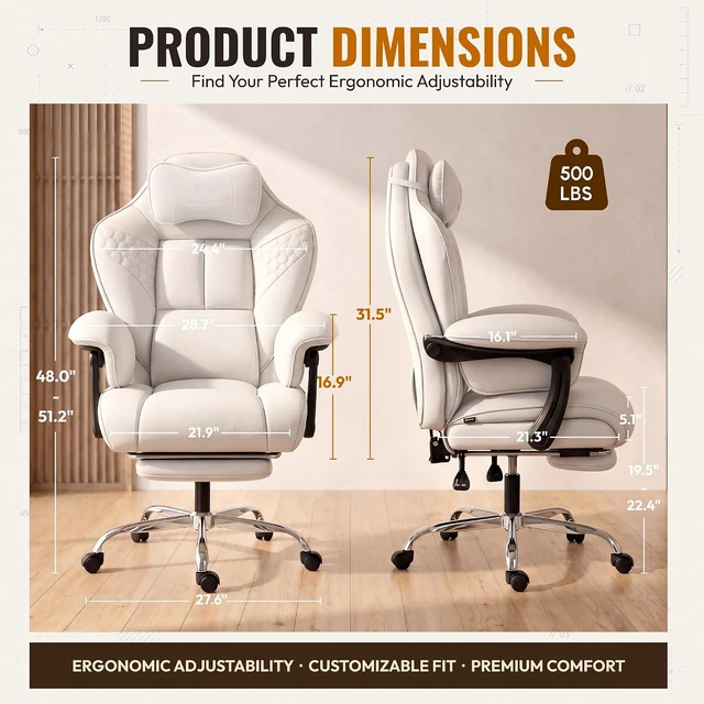 Alt view image 3 of 7 - Big and Tall Gaming Chair with Footrest for Home Office 500LBS Snow