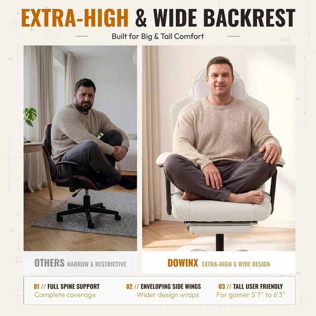 Alt view image 4 of 7 - Big and Tall Gaming Chair with Footrest for Home Office 500LBS Snow