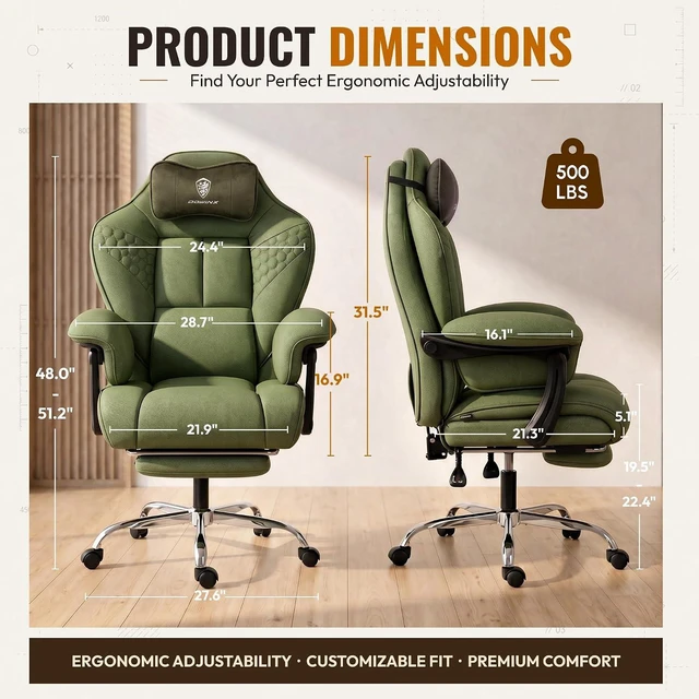Alt view image 3 of 7 - Big and Tall Gaming Chair with Footrest for Home Office 500LBS Green