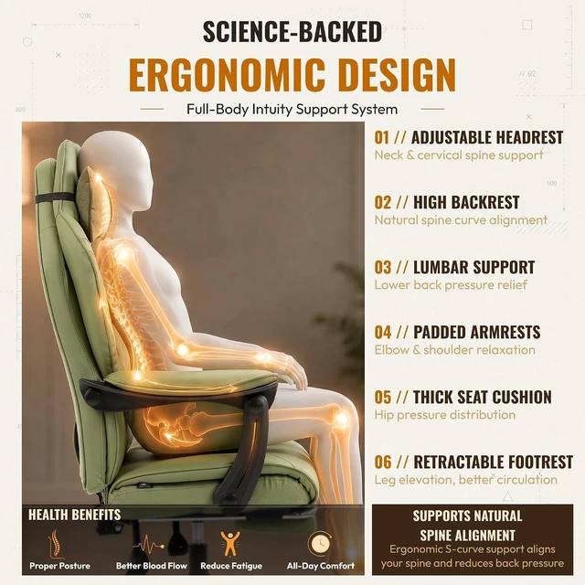 Alt view image 6 of 7 - Big and Tall Gaming Chair with Footrest for Home Office 500LBS Green