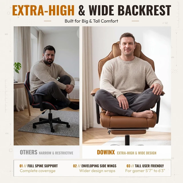 Alt view image 4 of 7 - Big and Tall Gaming Chair with Footrest for Home Office 500LBS Brown