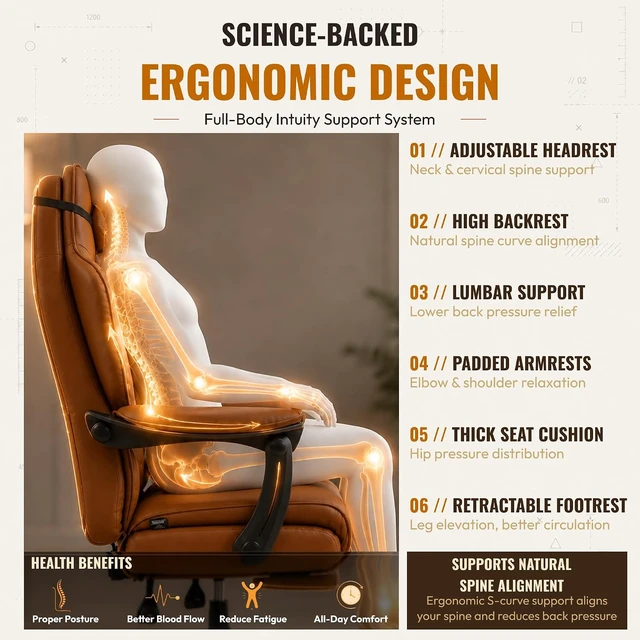 Alt view image 6 of 7 - Big and Tall Gaming Chair with Footrest for Home Office 500LBS Brown