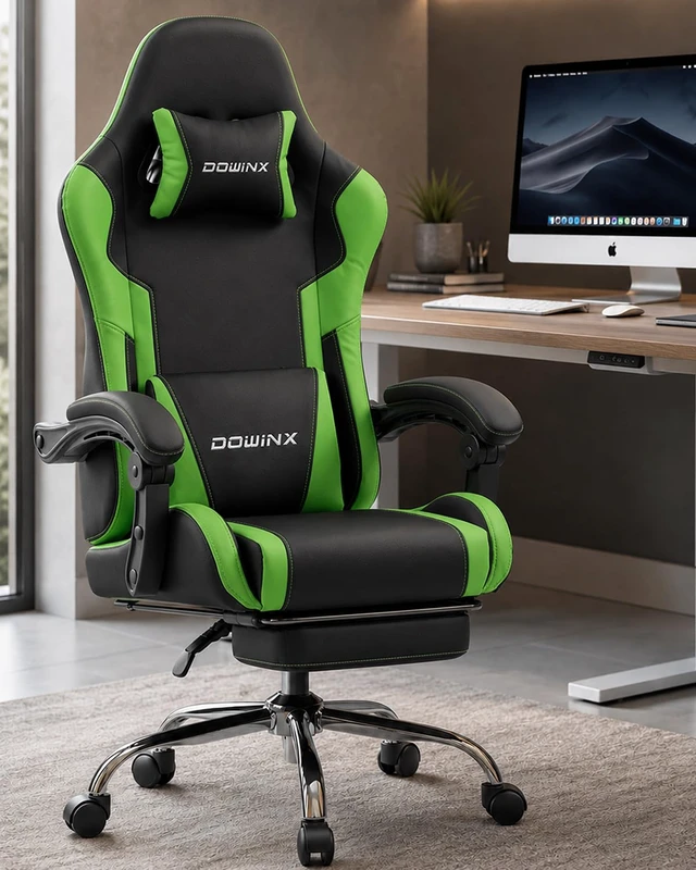 Alt view image 2 of 7 - Ergonomic Gaming Chair with Footrest & Massage Lumbar, 2D-Linkage Armrests for Computer Chair 330lbs with Headrest Pillow for Office, Home, Streaming and Long Gaming Sessions, Green