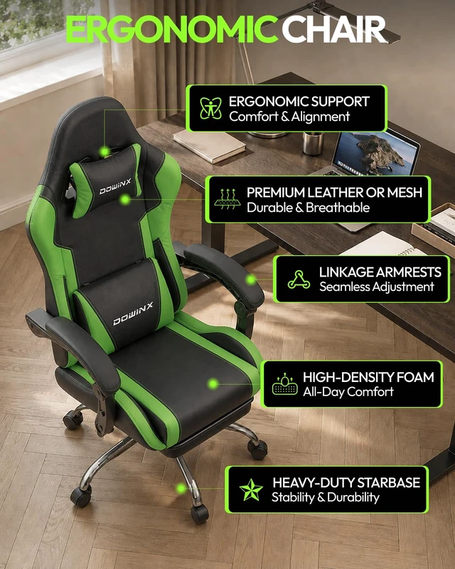 Alt view image 6 of 7 - Ergonomic Gaming Chair with Footrest & Massage Lumbar, 2D-Linkage Armrests for Computer Chair 330lbs with Headrest Pillow for Office, Home, Streaming and Long Gaming Sessions, Green