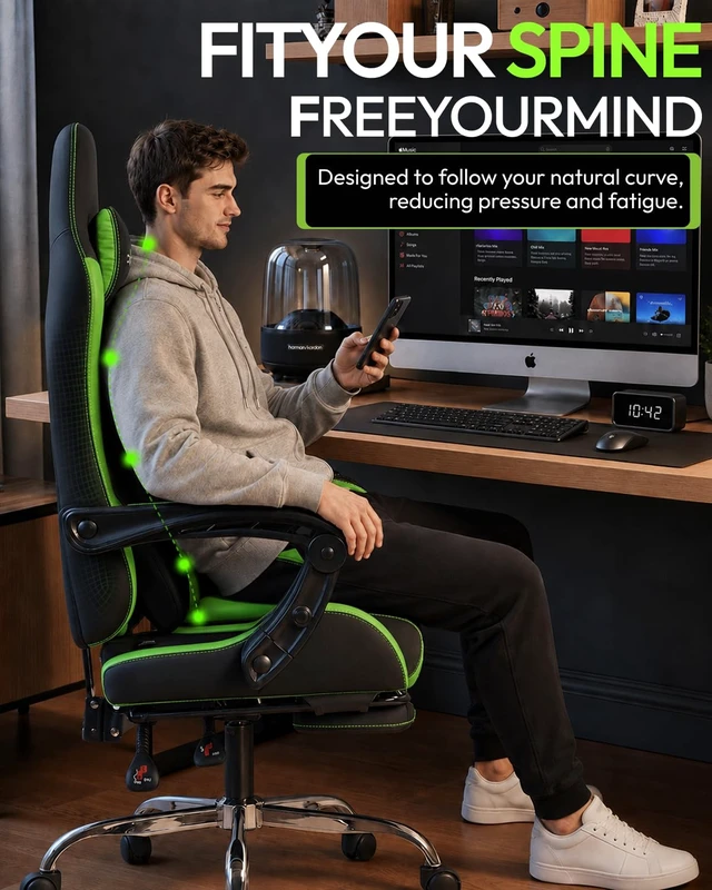 Alt view image 7 of 7 - Ergonomic Gaming Chair with Footrest & Massage Lumbar, 2D-Linkage Armrests for Computer Chair 330lbs with Headrest Pillow for Office, Home, Streaming and Long Gaming Sessions, Green