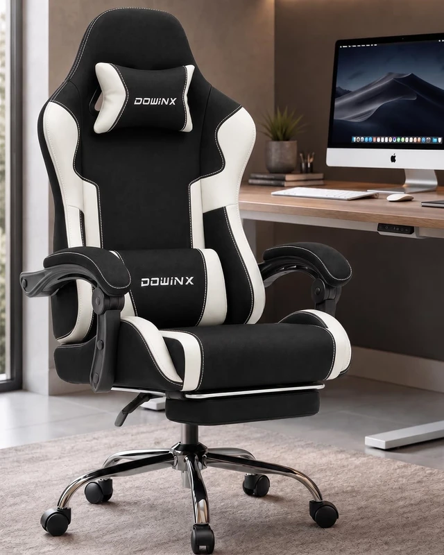 Alt view image 2 of 7 - Ergonomic Gaming Chair with Footrest & Massage Lumbar, 2D-Linkage Armrests for Computer Chair 330lbs with Headrest Pillow for Office, Home, Streaming and Long Gaming Sessions, Fabric White