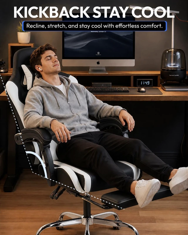 Alt view image 5 of 7 - Ergonomic Gaming Chair with Footrest & Massage Lumbar, 2D-Linkage Armrests for Computer Chair 330lbs with Headrest Pillow for Office, Home, Streaming and Long Gaming Sessions, Fabric White