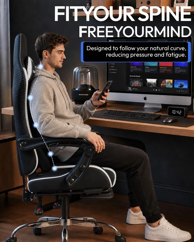 Alt view image 6 of 7 - Ergonomic Gaming Chair with Footrest & Massage Lumbar, 2D-Linkage Armrests for Computer Chair 330lbs with Headrest Pillow for Office, Home, Streaming and Long Gaming Sessions, Fabric White