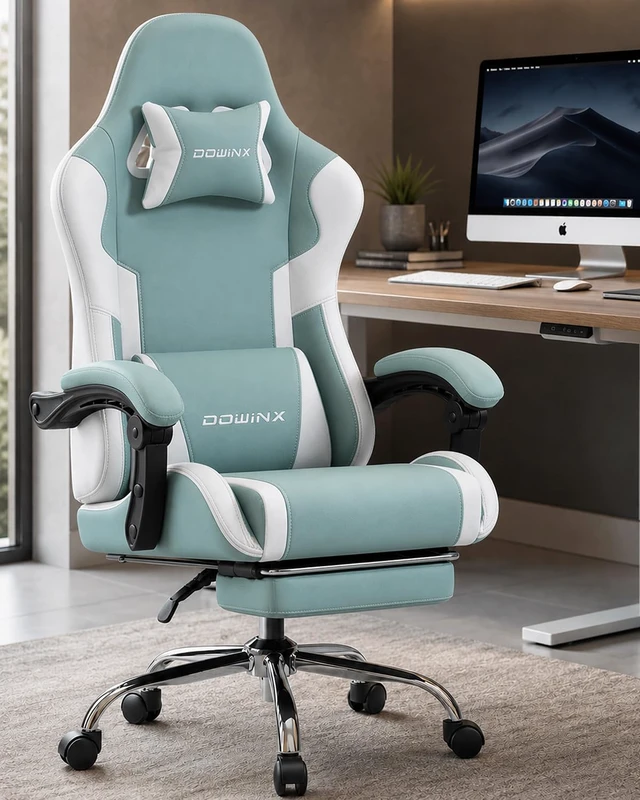 Alt view image 2 of 7 - Ergonomic Gaming Chair with Footrest & Massage Lumbar, 2D-Linkage Armrests for Computer Chair 330lbs with Headrest Pillow for Office, Home, Streaming and Long Gaming Sessions, Fabric Blue White