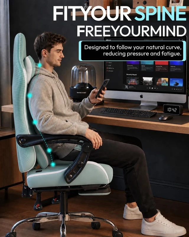 Alt view image 6 of 7 - Ergonomic Gaming Chair with Footrest & Massage Lumbar, 2D-Linkage Armrests for Computer Chair 330lbs with Headrest Pillow for Office, Home, Streaming and Long Gaming Sessions, Fabric Blue White