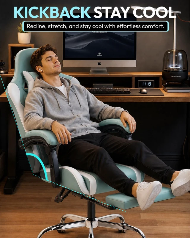 Alt view image 5 of 7 - Ergonomic Gaming Chair with Footrest & Massage Lumbar, 2D-Linkage Armrests for Computer Chair 330lbs with Headrest Pillow for Office, Home, Streaming and Long Gaming Sessions, Fabric Blue White