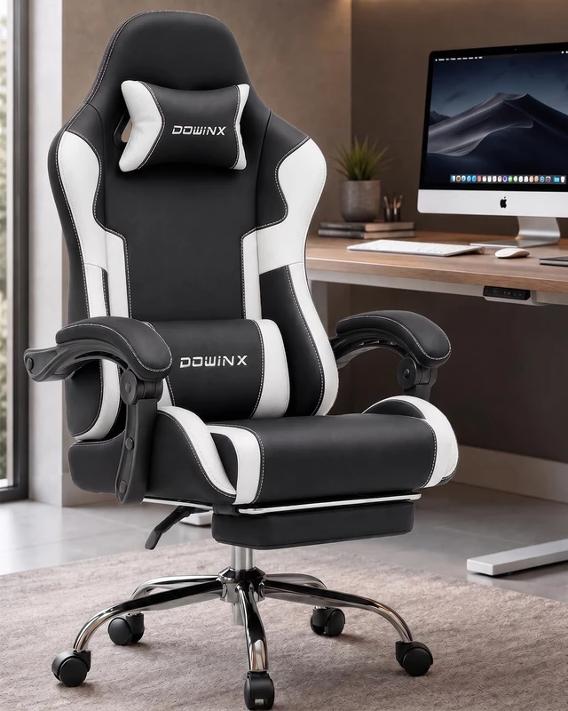Alt view image 2 of 7 - Ergonomic Gaming Chair with Footrest & Massage Lumbar, 2D-Linkage Armrests for Computer Chair 330lbs with Headrest Pillow for Office, Home, Streaming and Long Gaming Sessions, White