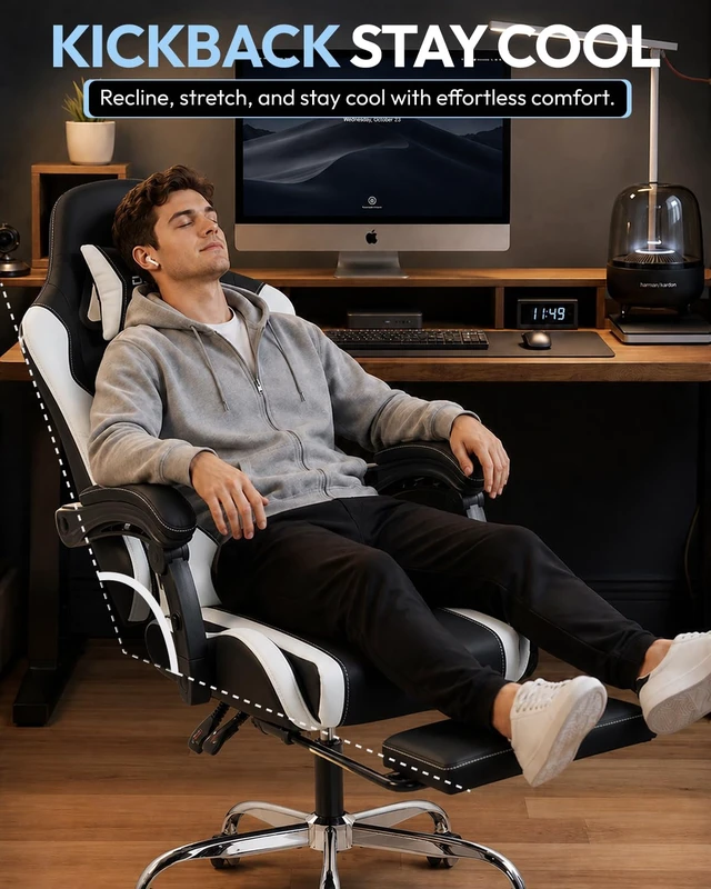 Alt view image 6 of 7 - Ergonomic Gaming Chair with Footrest & Massage Lumbar, 2D-Linkage Armrests for Computer Chair 330lbs with Headrest Pillow for Office, Home, Streaming and Long Gaming Sessions, White