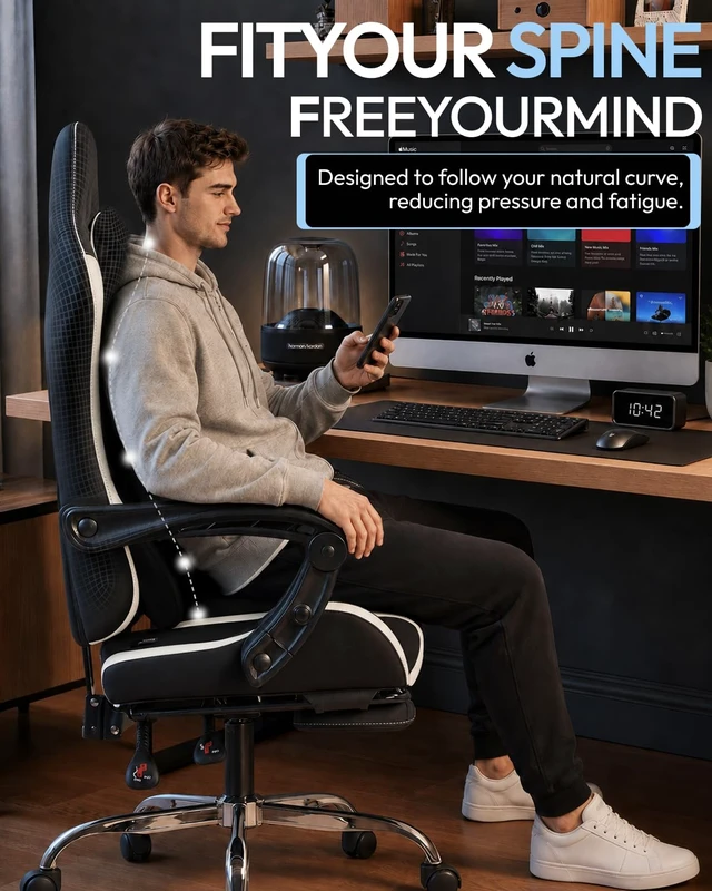 Alt view image 5 of 7 - Ergonomic Gaming Chair with Footrest & Massage Lumbar, 2D-Linkage Armrests for Computer Chair 330lbs with Headrest Pillow for Office, Home, Streaming and Long Gaming Sessions, White
