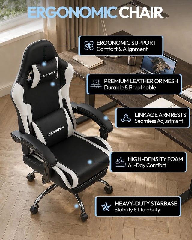 Alt view image 7 of 7 - Ergonomic Gaming Chair with Footrest & Massage Lumbar, 2D-Linkage Armrests for Computer Chair 330lbs with Headrest Pillow for Office, Home, Streaming and Long Gaming Sessions, White
