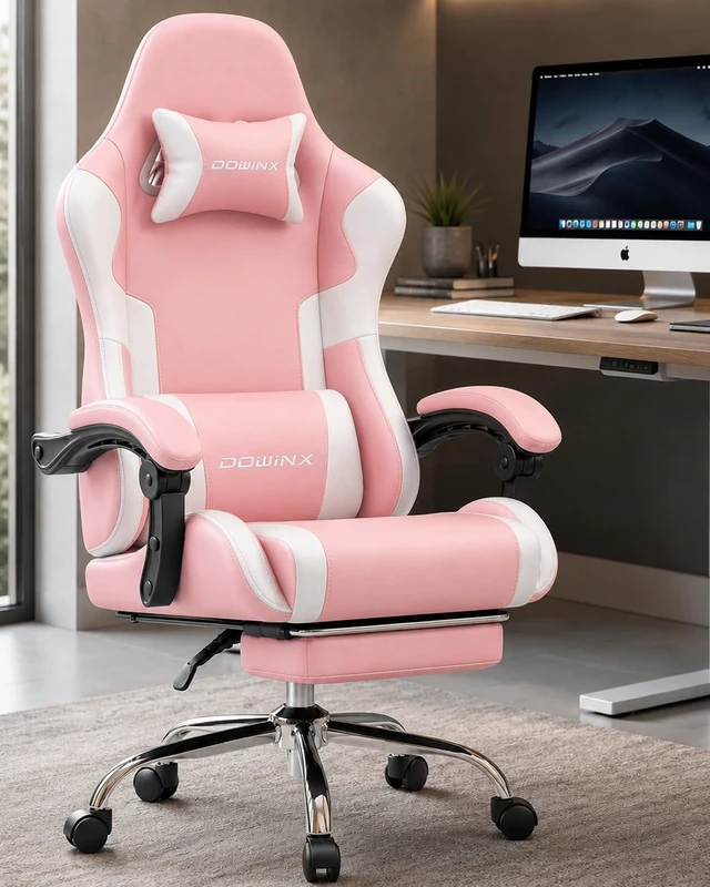 Alt view image 2 of 7 - Ergonomic Gaming Chair with Footrest & Massage Lumbar, 2D-Linkage Armrests for Computer Chair 330lbs with Headrest Pillow for Office, Home, Streaming and Long Gaming Sessions, Bright Pink