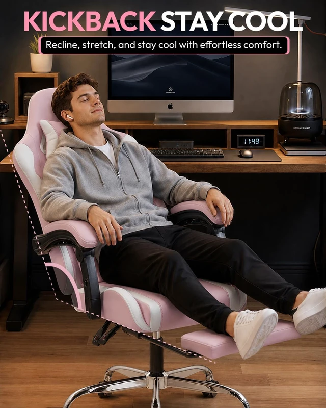 Alt view image 7 of 7 - Ergonomic Gaming Chair with Footrest & Massage Lumbar, 2D-Linkage Armrests for Computer Chair 330lbs with Headrest Pillow for Office, Home, Streaming and Long Gaming Sessions, Bright Pink