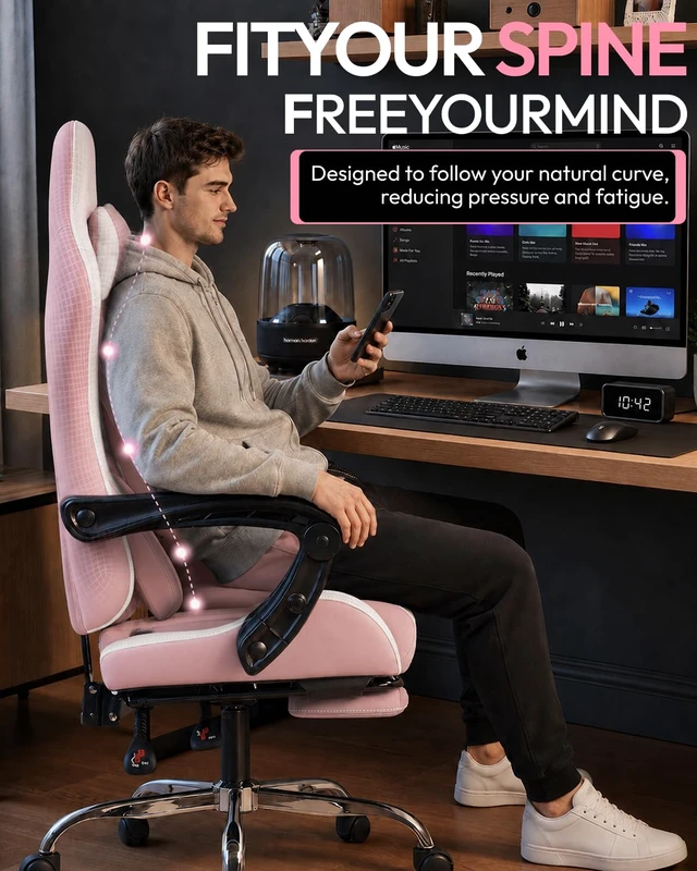Alt view image 6 of 7 - Ergonomic Gaming Chair with Footrest & Massage Lumbar, 2D-Linkage Armrests for Computer Chair 330lbs with Headrest Pillow for Office, Home, Streaming and Long Gaming Sessions, Bright Pink
