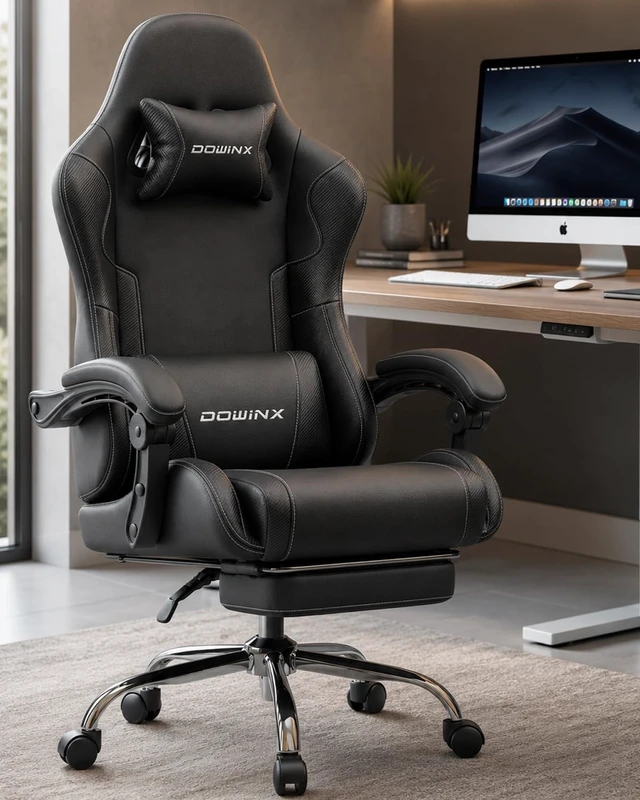 Alt view image 2 of 7 - Ergonomic Gaming Chair with Footrest & Massage Lumbar, 2D-Linkage Armrests for Computer Chair 330lbs with Headrest Pillow for Office, Home, Streaming and Long Gaming Sessions, Black