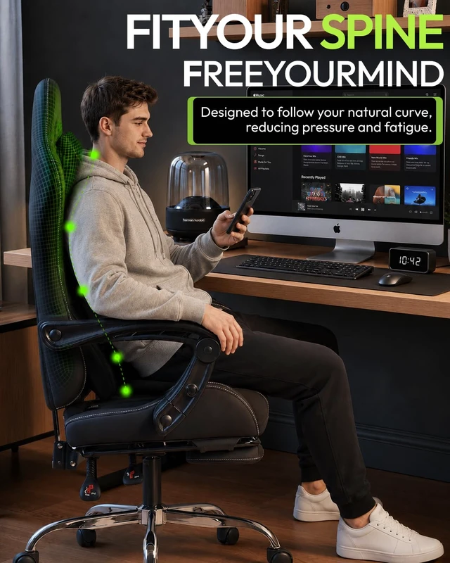Alt view image 6 of 7 - Ergonomic Gaming Chair with Footrest & Massage Lumbar, 2D-Linkage Armrests for Computer Chair 330lbs with Headrest Pillow for Office, Home, Streaming and Long Gaming Sessions, Black