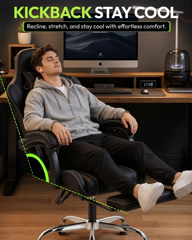 Alt view image 7 of 7 - Ergonomic Gaming Chair with Footrest & Massage Lumbar, 2D-Linkage Armrests for Computer Chair 330lbs with Headrest Pillow for Office, Home, Streaming and Long Gaming Sessions, Black