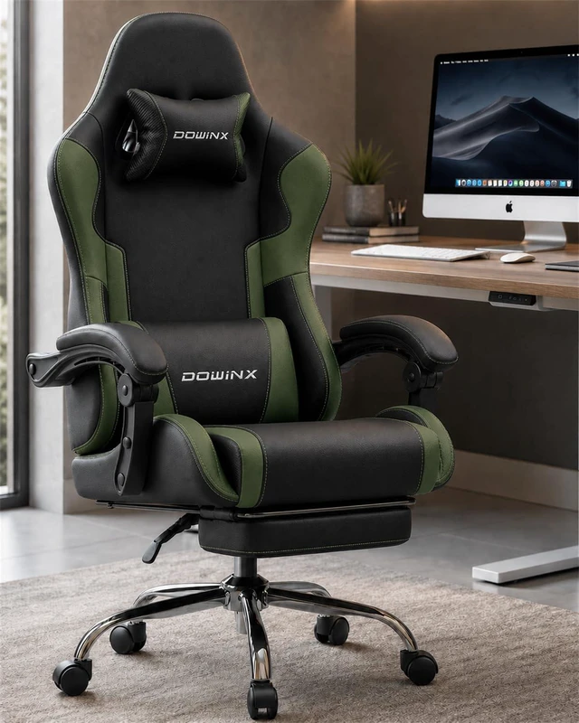 Alt view image 2 of 7 - Ergonomic Gaming Chair with Footrest & Massage Lumbar, 2D-Linkage Armrests for Computer Chair 330lbs with Headrest Pillow for Office, Home, Streaming and Long Gaming Sessions, Fabric Dark Green